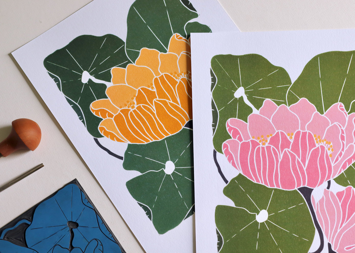 Summer Water Lilies Linocut Art Style 1 | A5 or A4 Art Print on Cotton Paper