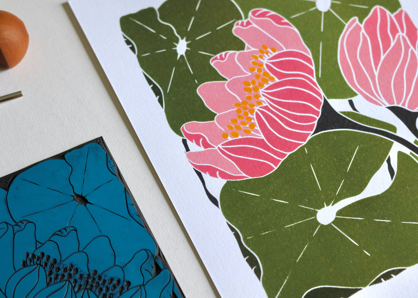 Summer Water Lilies Linocut Art Style 2 | A5 or A4 Art Print on Cotton Paper