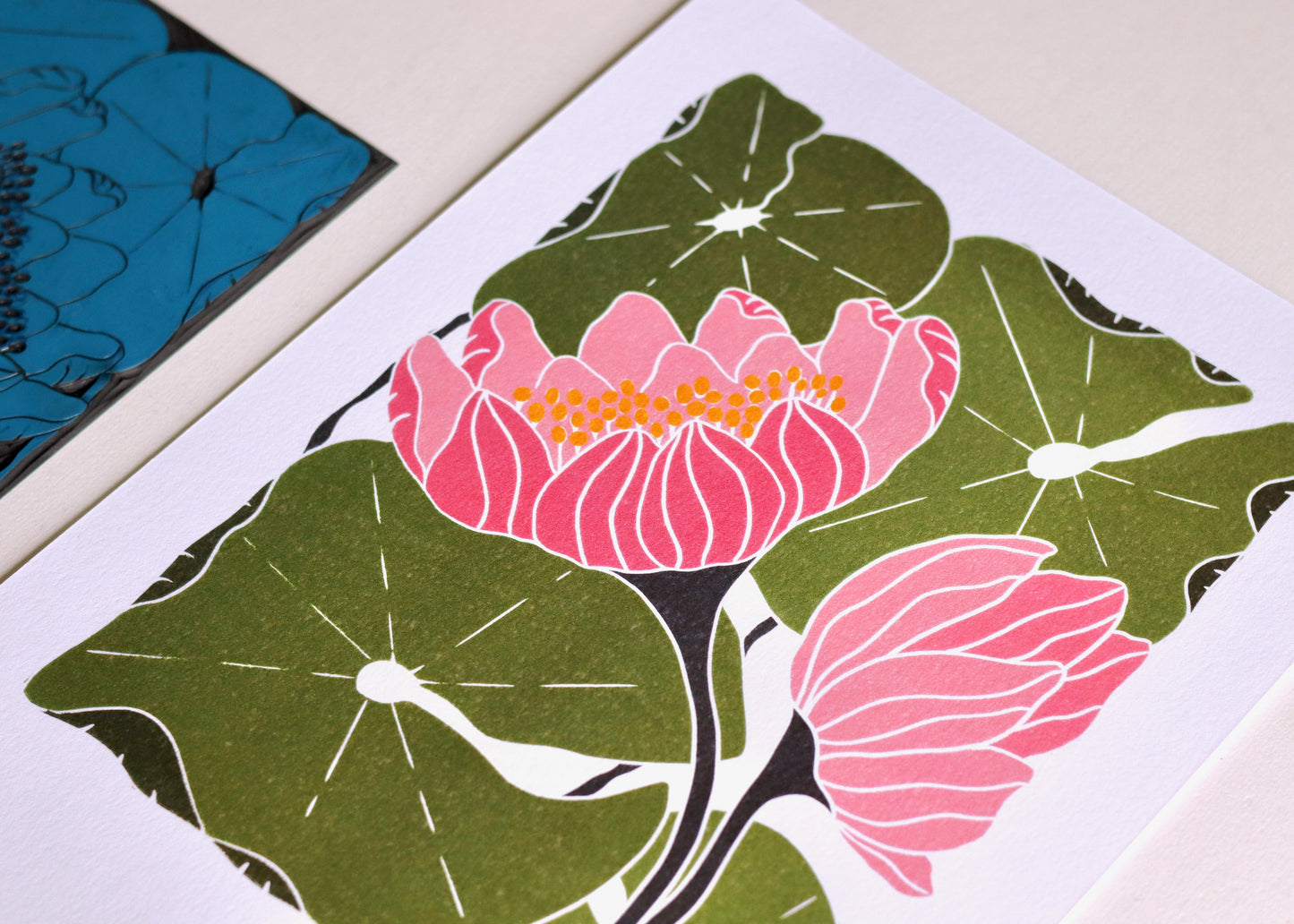 Summer Water Lilies Linocut Art Style 2 | A5 or A4 Art Print on Cotton Paper