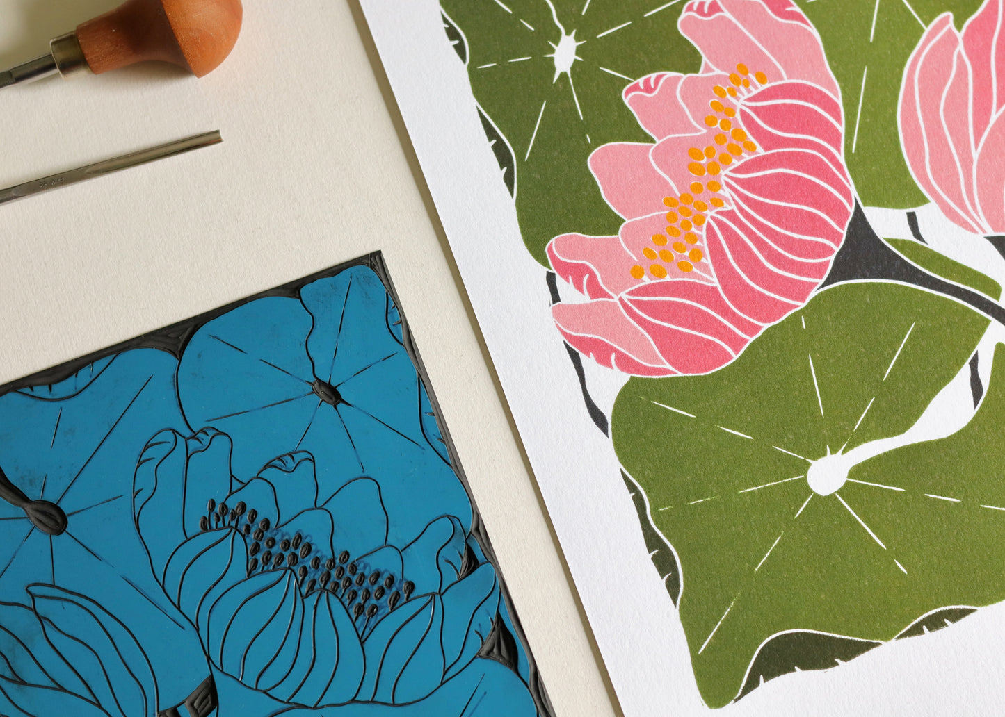 Summer Water Lilies Linocut Art Style 2 | A5 or A4 Art Print on Cotton Paper