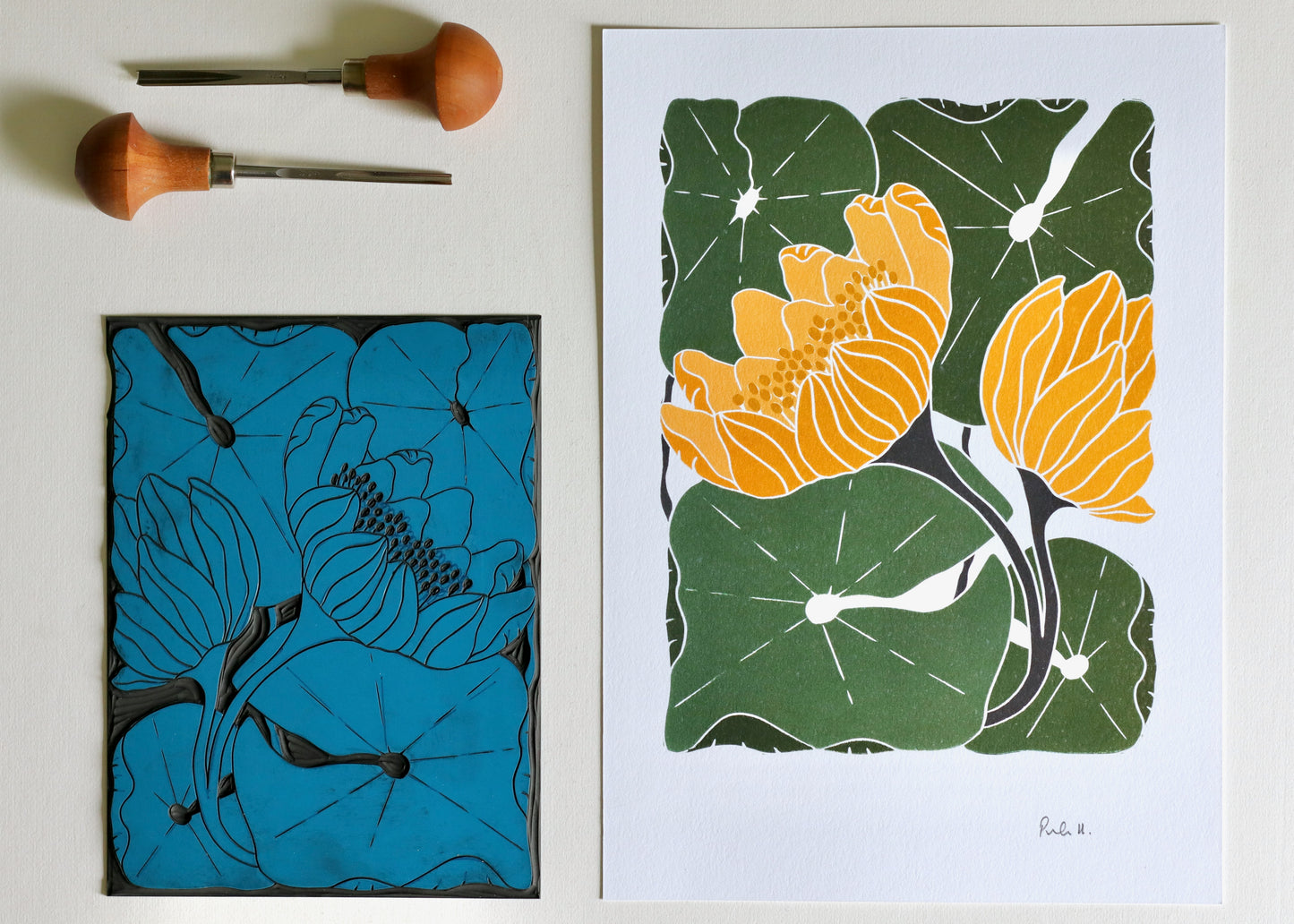 Summer Water Lilies Linocut Art Style 2 | A5 or A4 Art Print on Cotton Paper