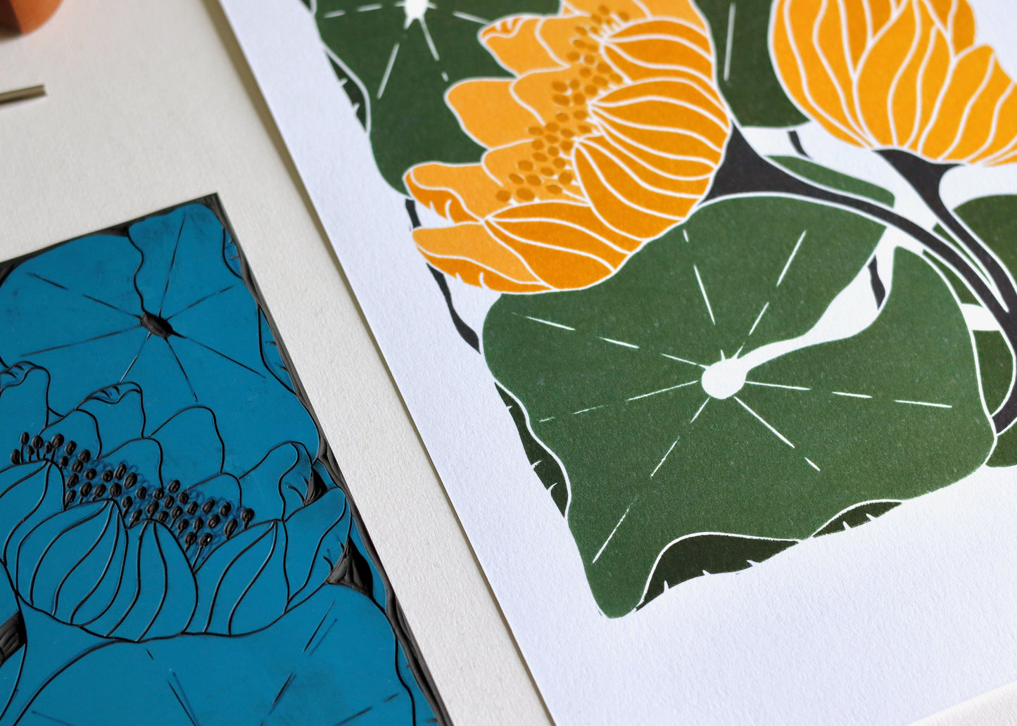 Summer Water Lilies Linocut Art Style 2 | A5 or A4 Art Print on Cotton Paper