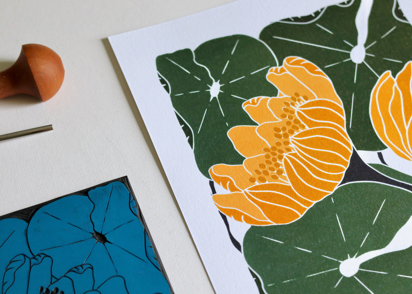 Summer Water Lilies Linocut Art Style 2 | A5 or A4 Art Print on Cotton Paper