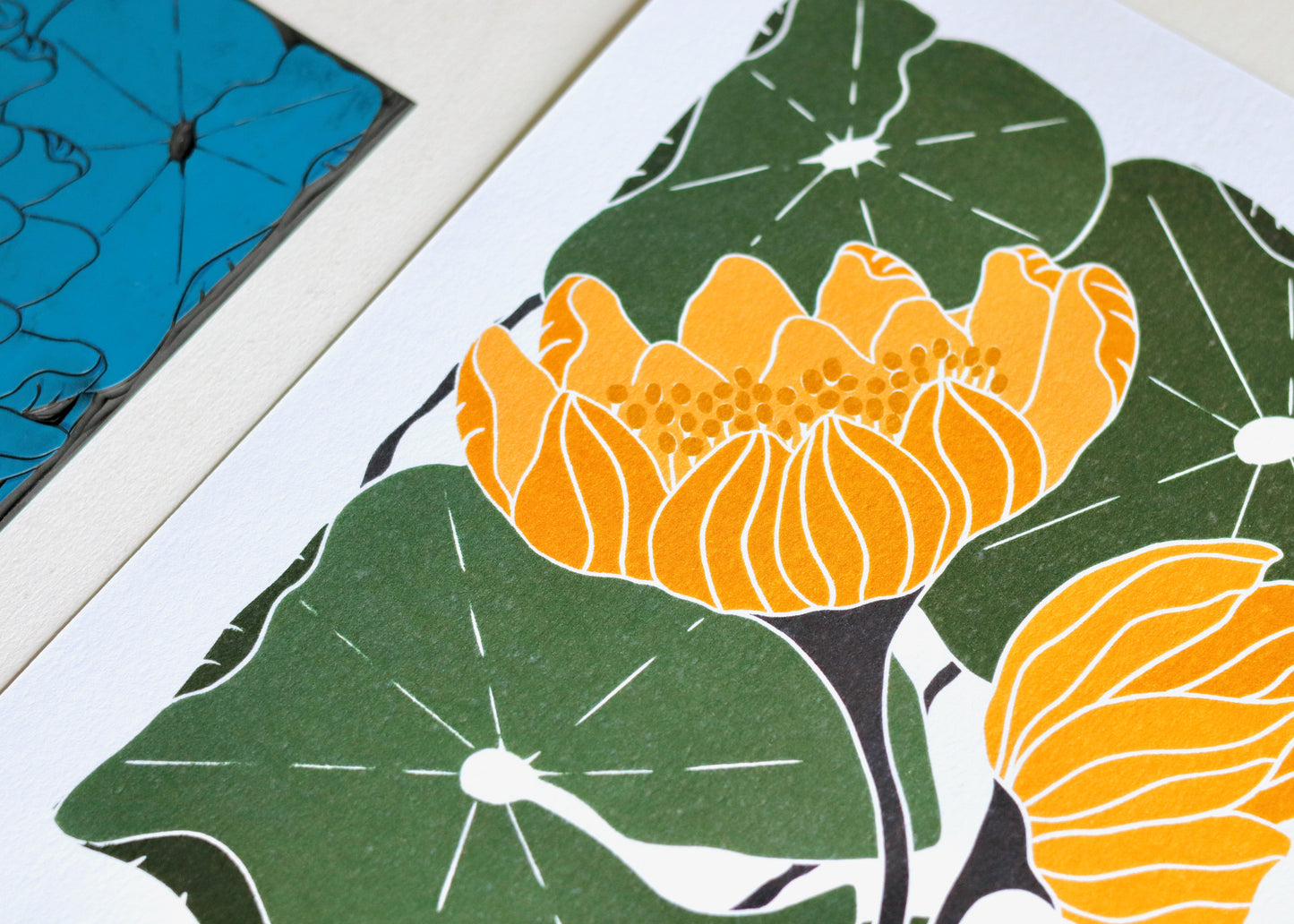 Summer Water Lilies Linocut Art Style 2 | A5 or A4 Art Print on Cotton Paper