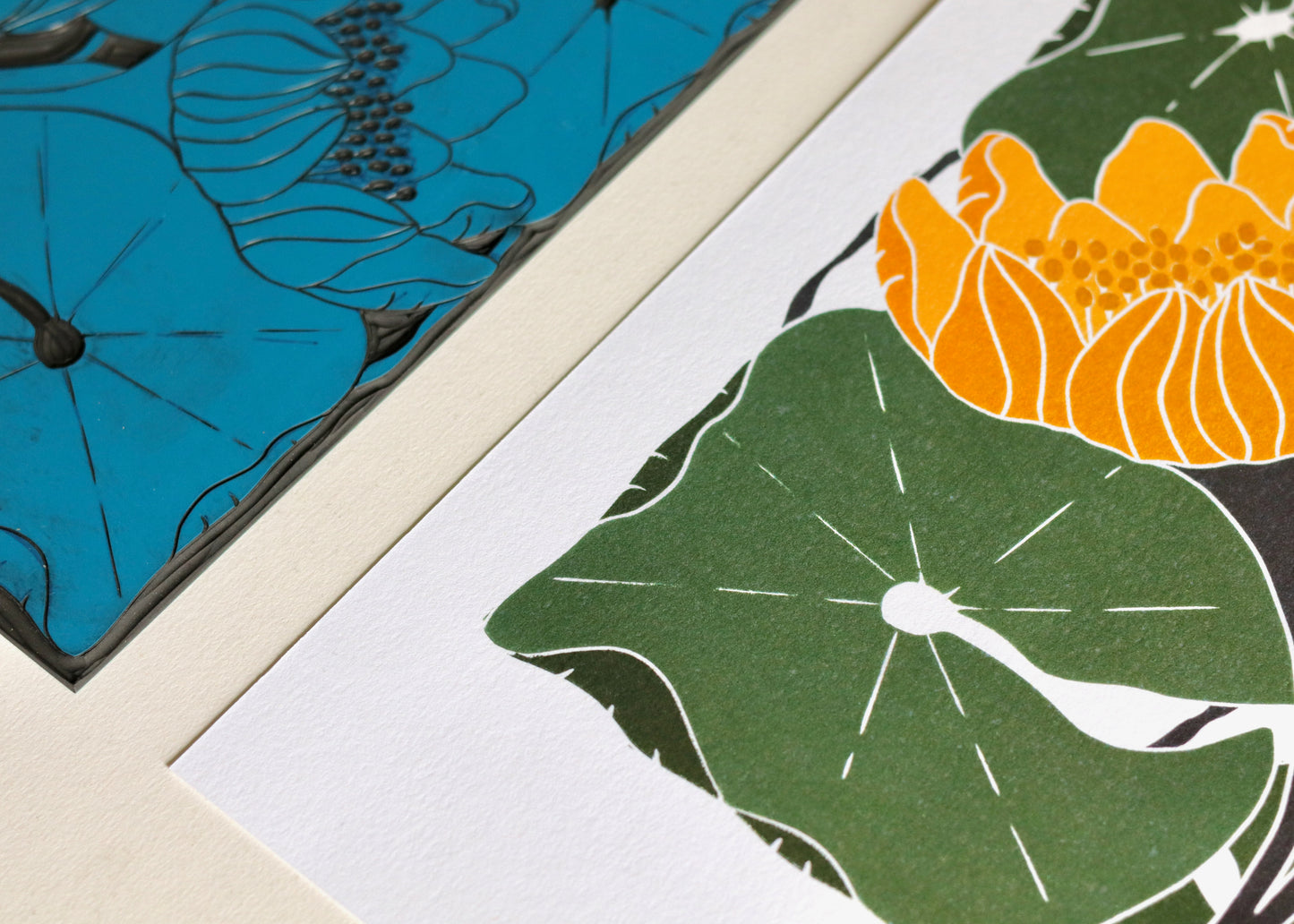 Summer Water Lilies Linocut Art Style 2 | A5 or A4 Art Print on Cotton Paper