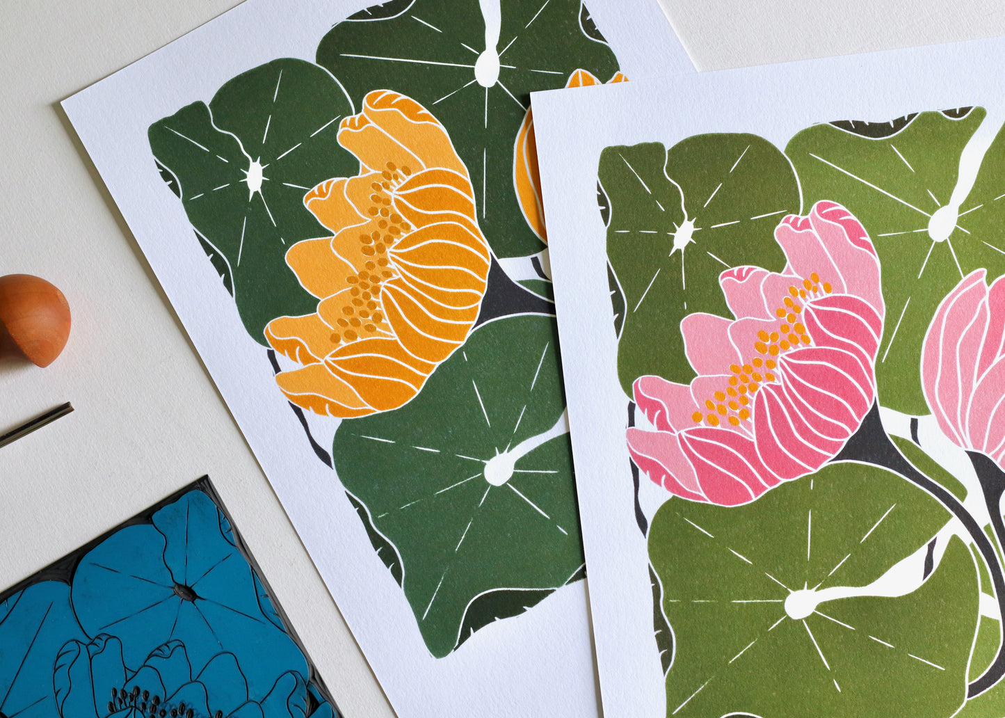 Summer Water Lilies Linocut Art Style 2 | A5 or A4 Art Print on Cotton Paper