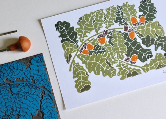 Autumn Oak Leaves Linocut Art | A4 Art Print on Cotton Paper