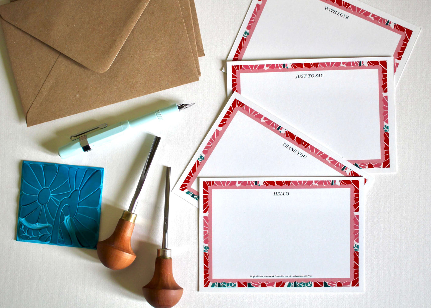 Pink & Red Linocut Flowers Correspondence Cards | Set of 8 Cards & Envelopes