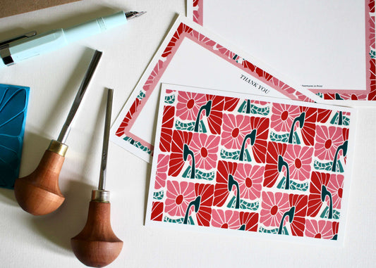 Pink & Red Linocut Flowers Correspondence Cards | Set of 8 Cards & Envelopes