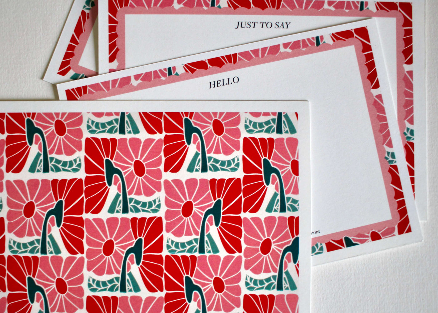Pink & Red Linocut Flowers Correspondence Cards | Set of 8 Cards & Envelopes