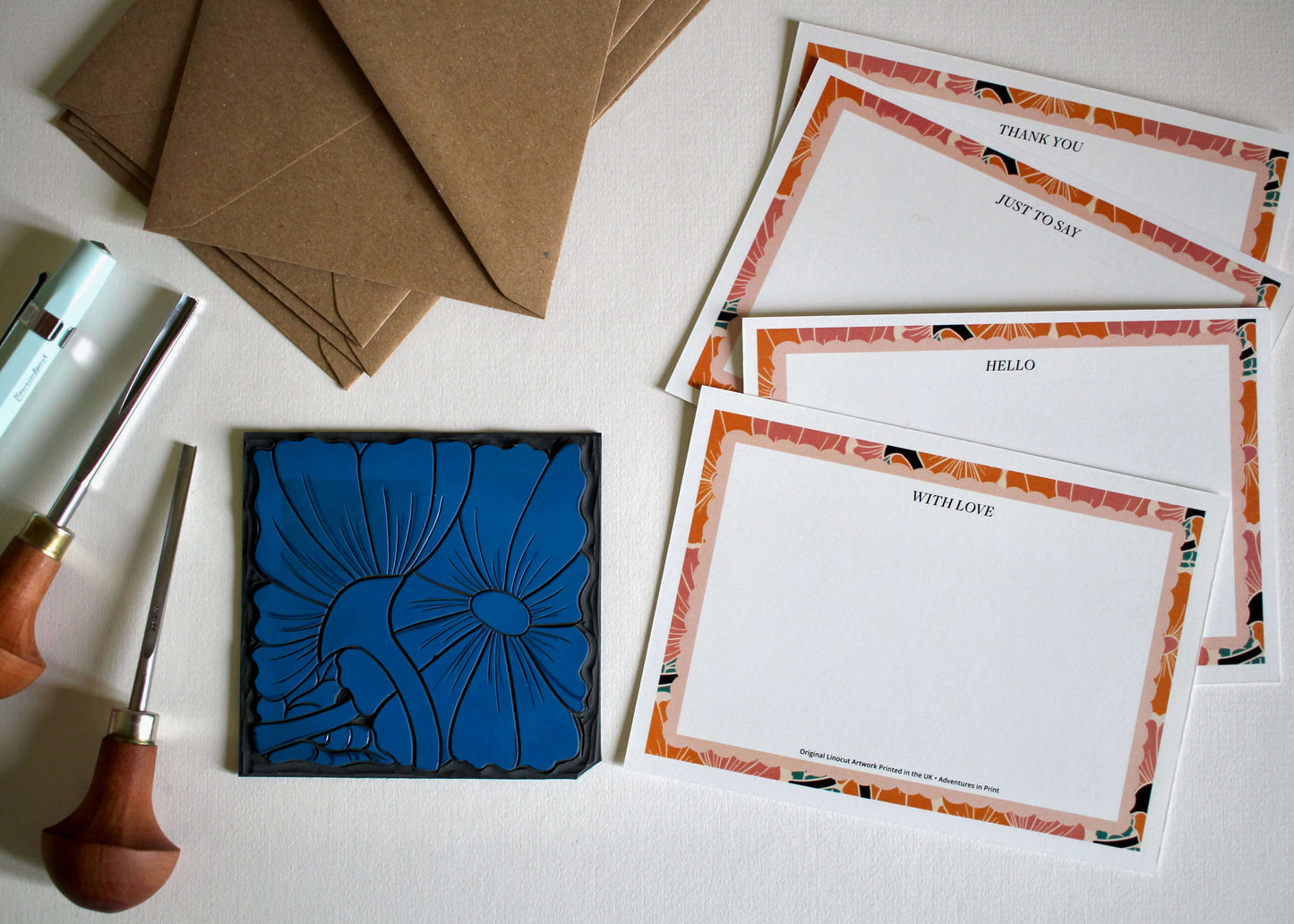 Warm Peach Flower Linocut Correspondence Cards | Set of 8 Cards & Envelopes