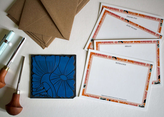 Warm Peach Flower Linocut Correspondence Cards - Set of 8
