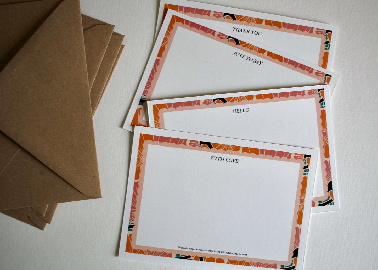 Warm Peach Flower Linocut Correspondence Cards | Set of 8 Cards & Envelopes