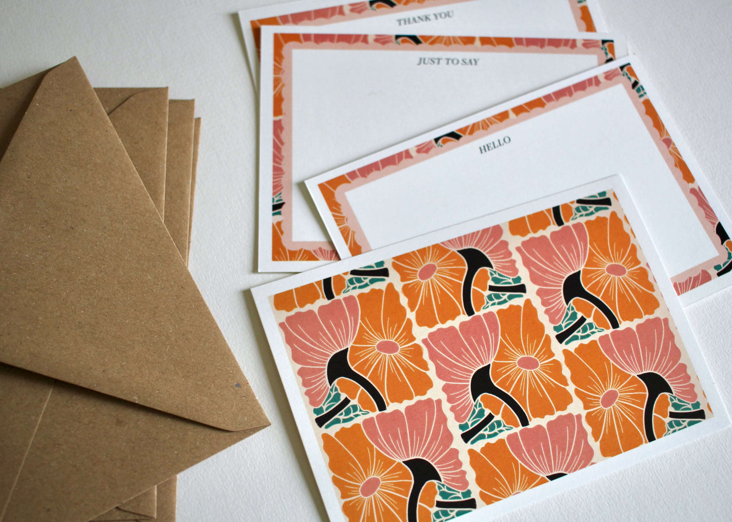 Warm Peach Flower Linocut Correspondence Cards | Set of 8 Cards & Envelopes