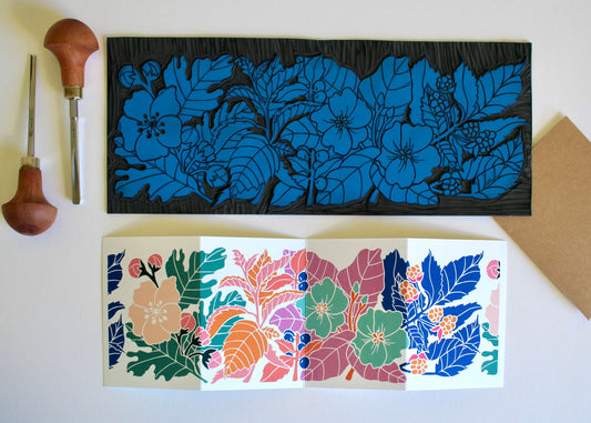 Happy Hedgerow Linocut Concertina Card | Single Card & Envelope