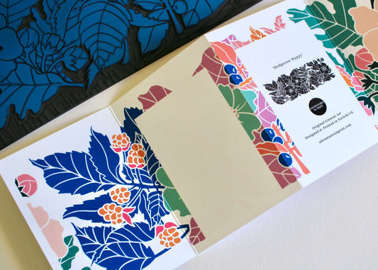 Happy Hedgerow Linocut Concertina Card | Single Card & Envelope