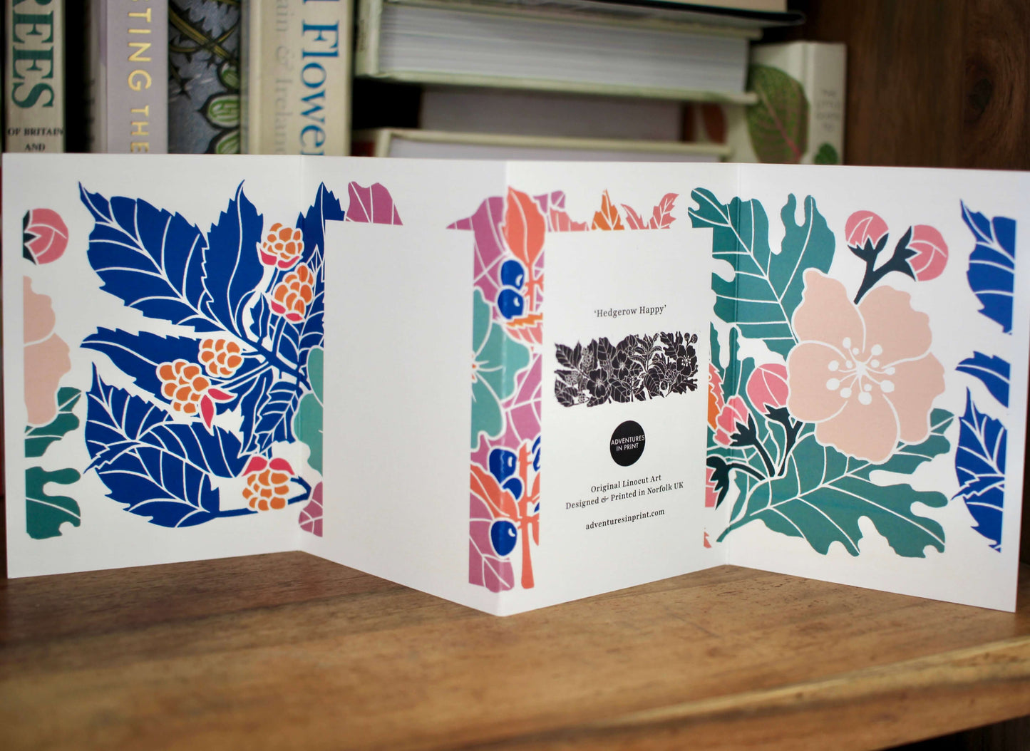 Happy Hedgerow Linocut Concertina Card | Single Card & Envelope