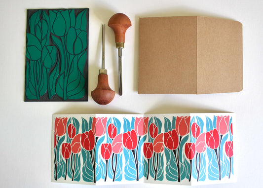 Tulips Linocut Concertina Card | Single Card & Envelope