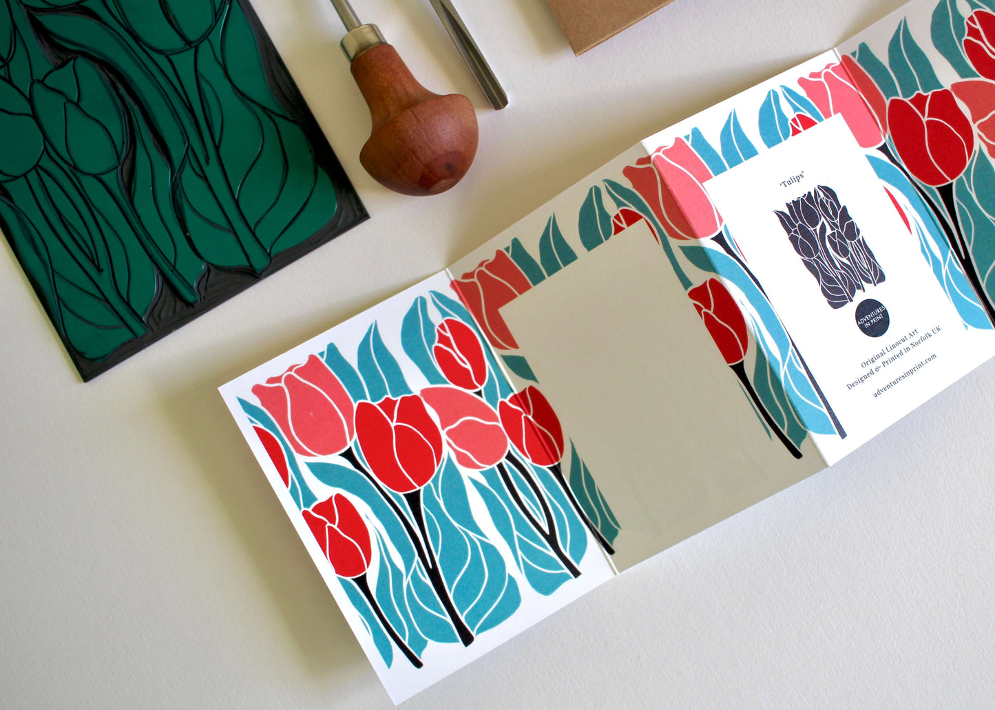 Tulips Linocut Concertina Card | Single Card & Envelope