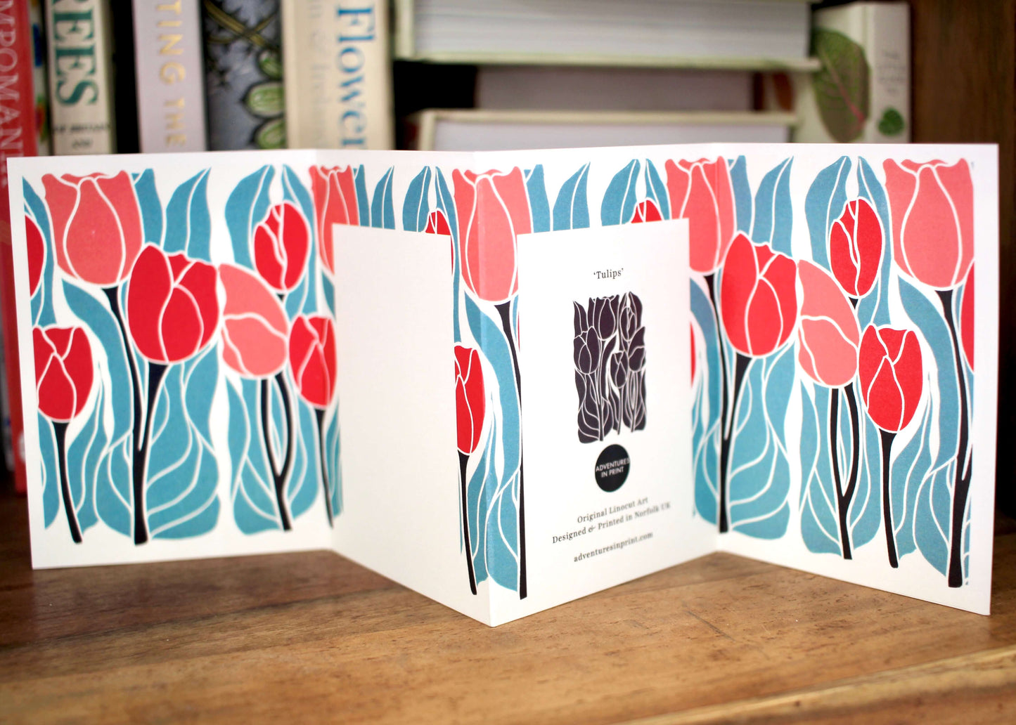 Tulips Linocut Concertina Card | Single Card & Envelope