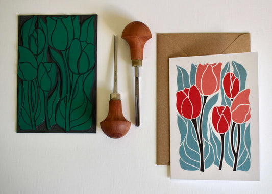 Classic Tulips Linocut Greeting Card | Single Card & Envelope