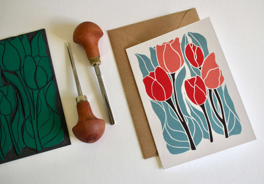 Classic Tulips Linocut Greeting Card | Single Card & Envelope
