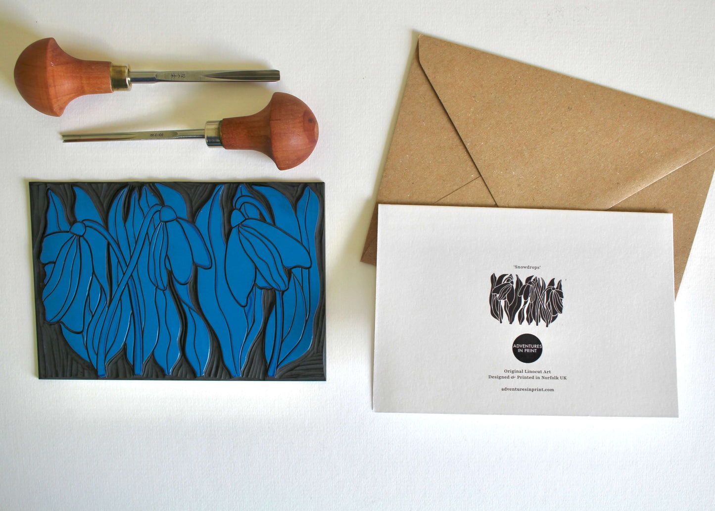 Snowdrops Linocut Art Greeting Card | Single Card & Envelope