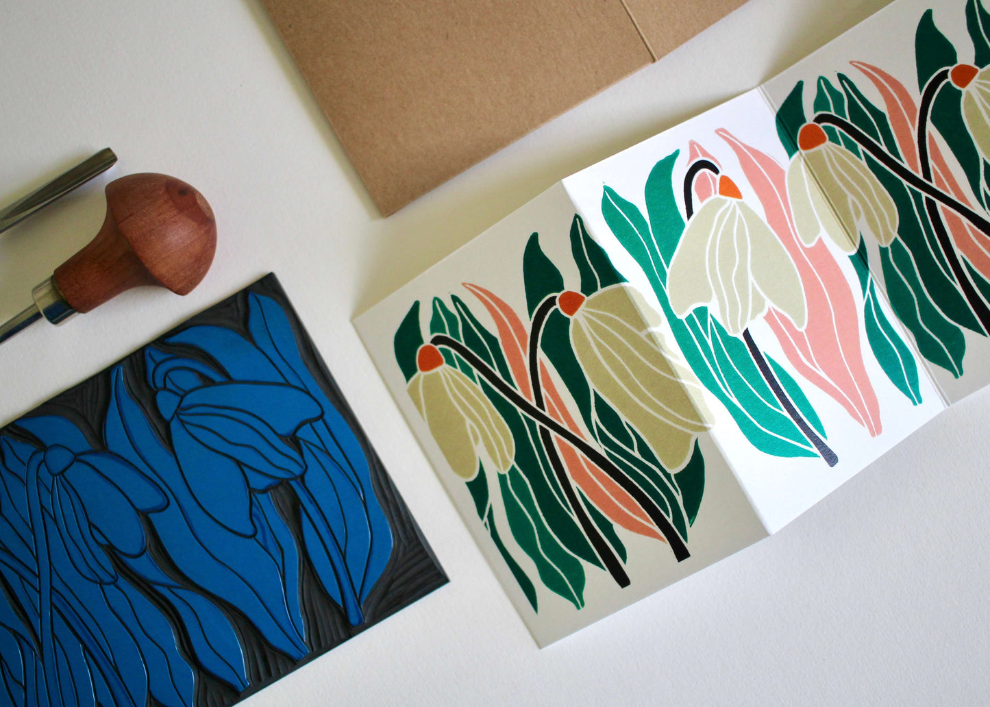 Snowdrop Linocut Concertina Card (January birth flower) | Single Card & Envelope