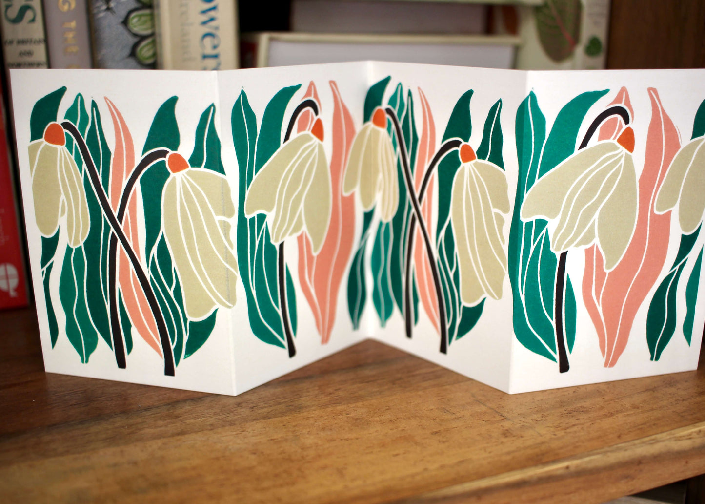 Snowdrop Linocut Concertina Greeting Card - Single card with envelope