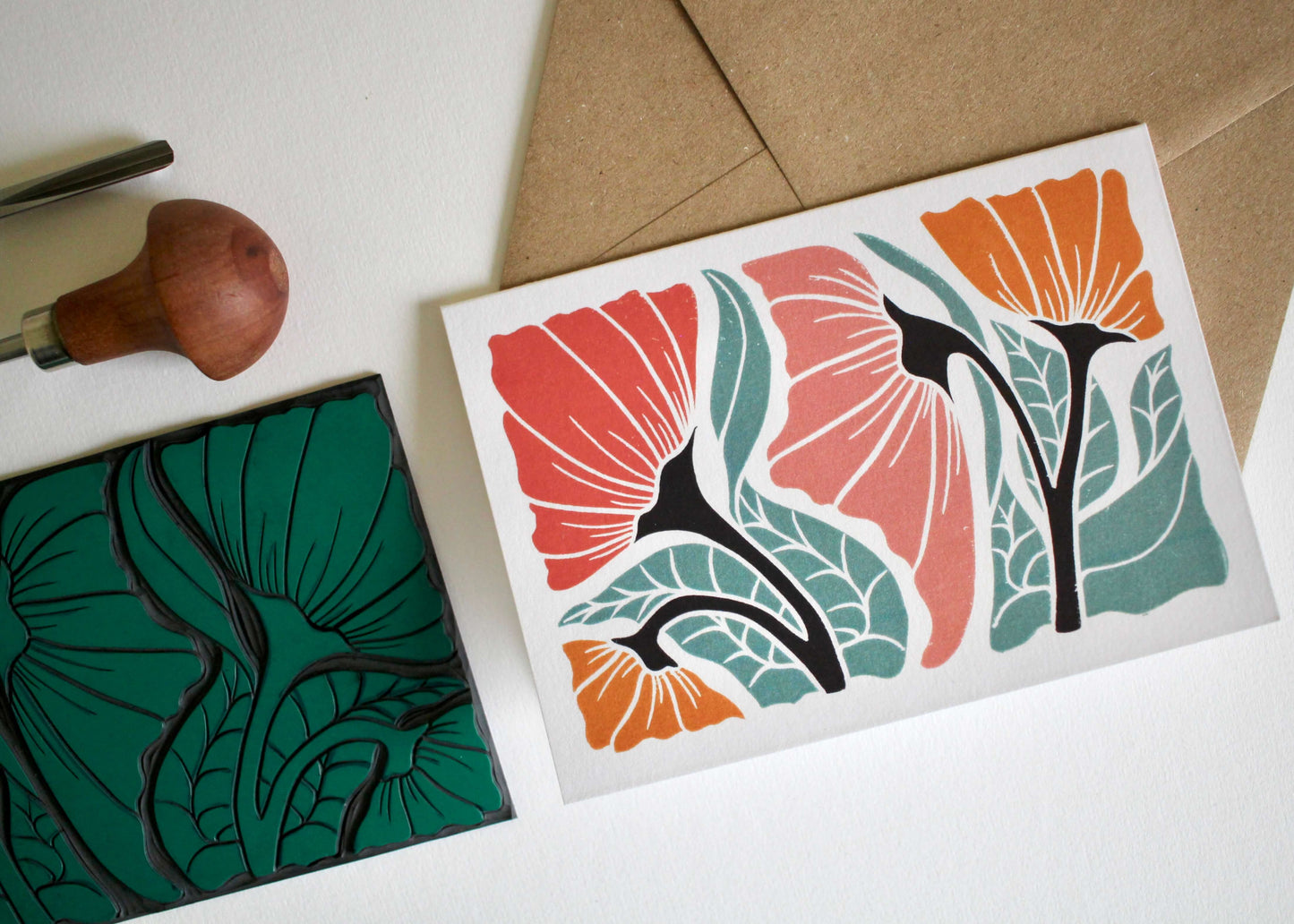 Happy Floral Linocut Greeting Card | Single Card & Envelope