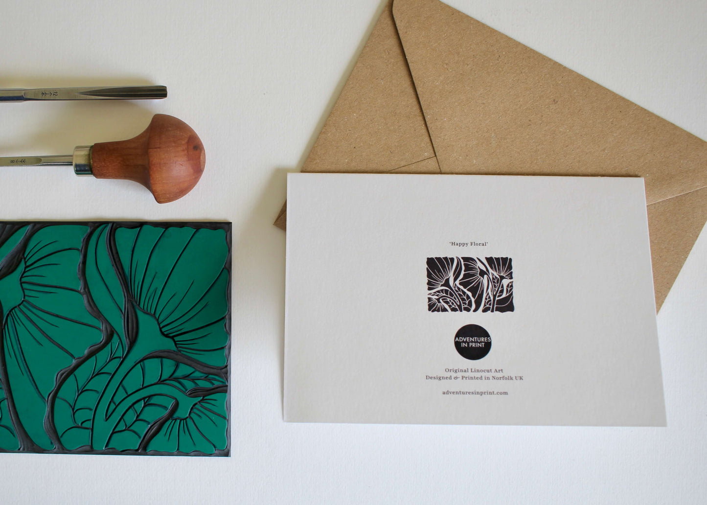 Happy Floral Linocut Greeting Card | Single Card & Envelope