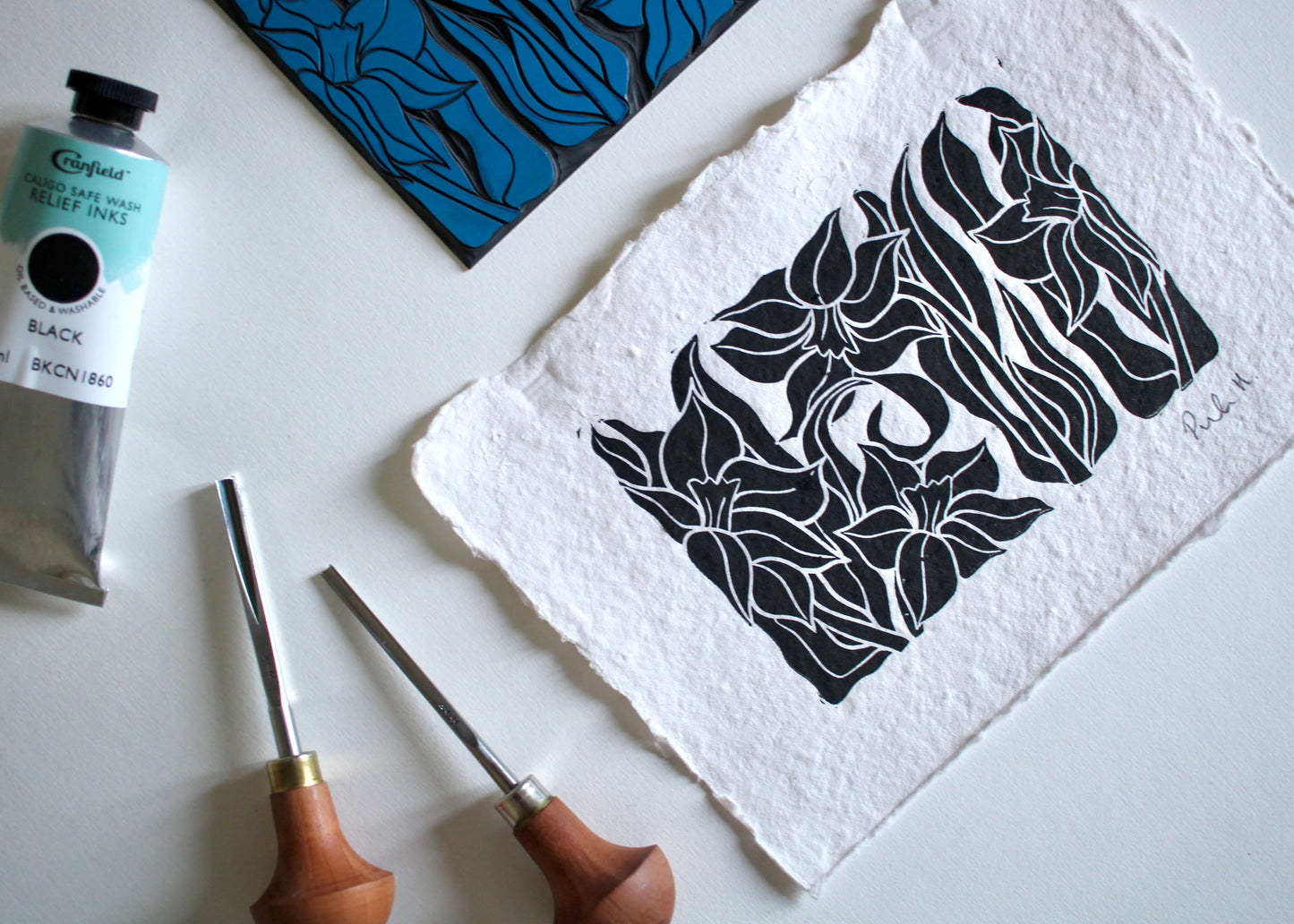 Hand Printed Daffodil Linocut on Cotton Rag Paper