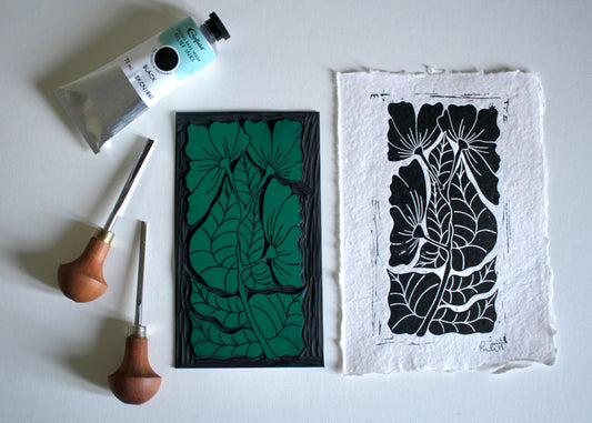 Hand Printed Tall Abstract Floral Linocut on Cotton Rag Paper