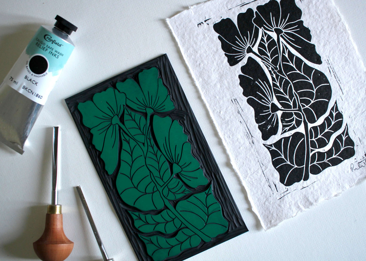 Hand Printed Tall Abstract Floral Linocut on Cotton Rag Paper