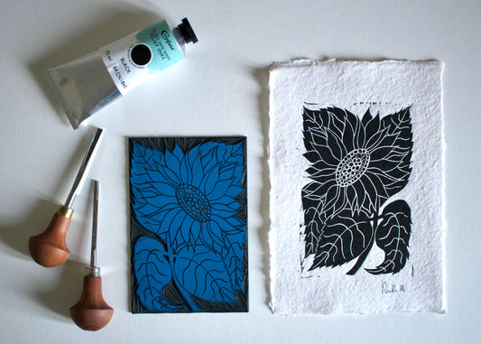 Sunflower Flower Linocut | Handprinted A5 Art Print on Cotton Rag Paper
