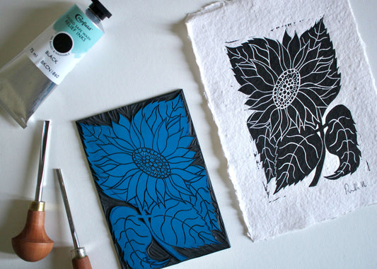 Hand Printed Sunflower Linocut on Cotton Rag Paper