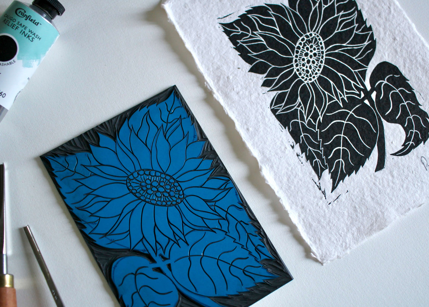 Sunflower Flower Linocut | Handprinted A5 Art Print on Cotton Rag Paper
