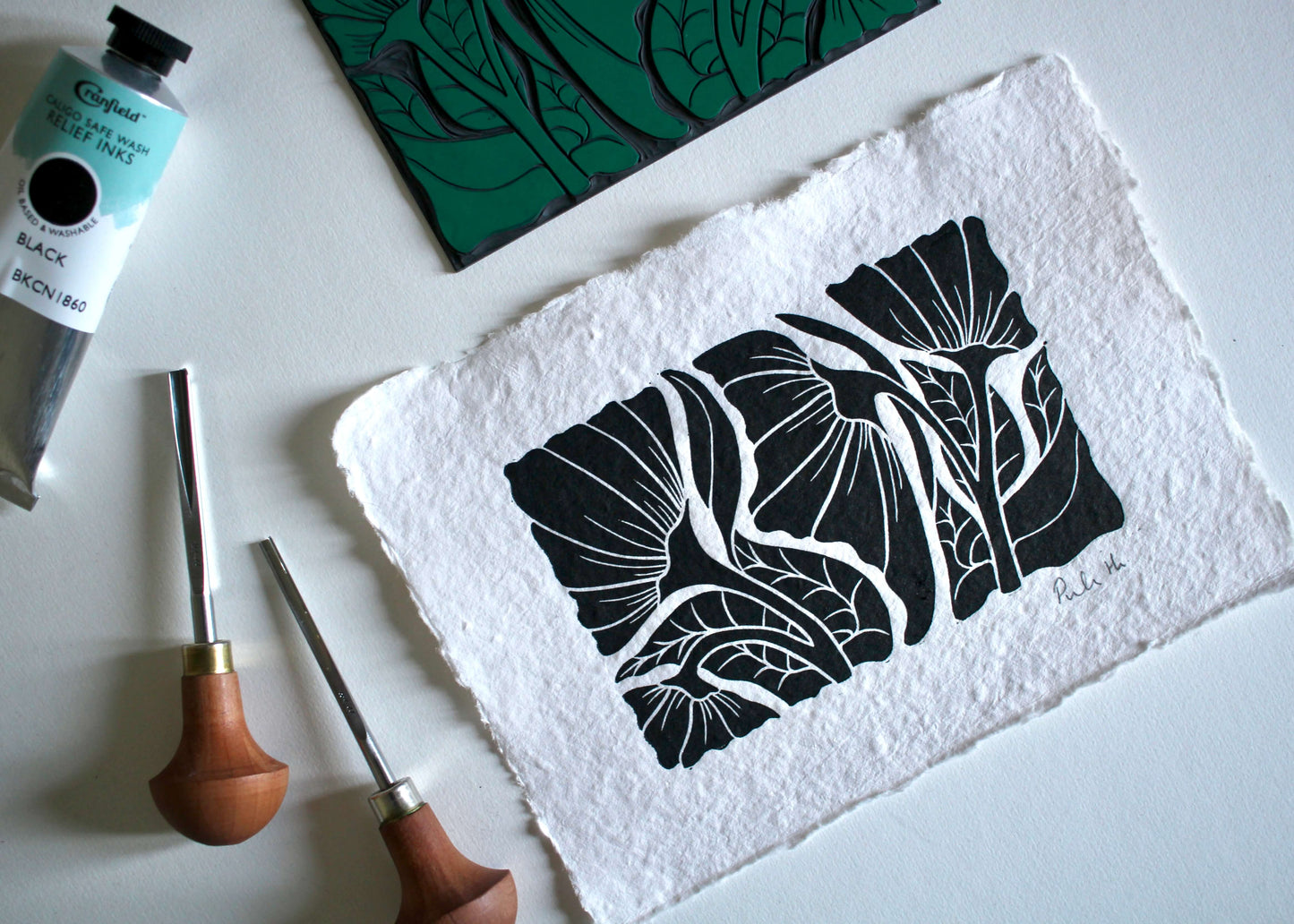Hand Printed Happy Floral Linocut on Cotton Rag Paper
