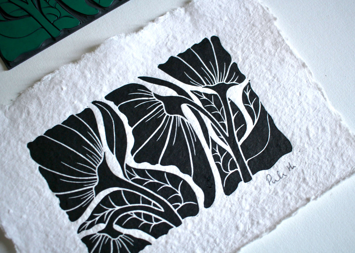 Hand Printed Happy Floral Linocut on Cotton Rag Paper