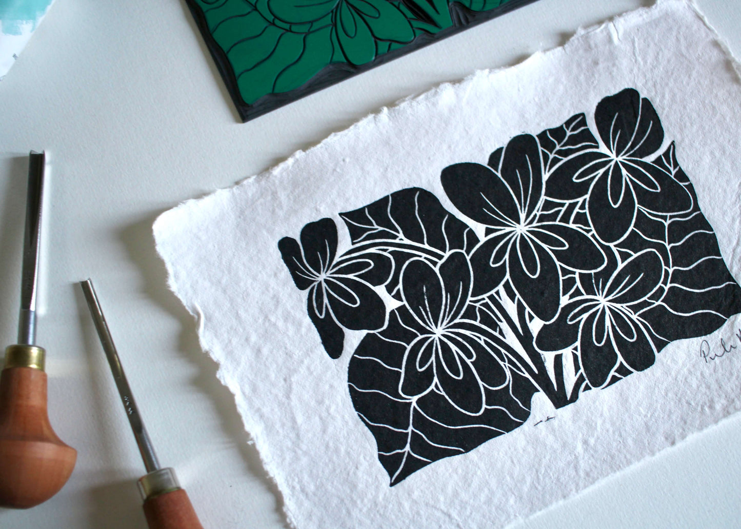 Hand Printed Violets Linocut on Cotton Rag Paper