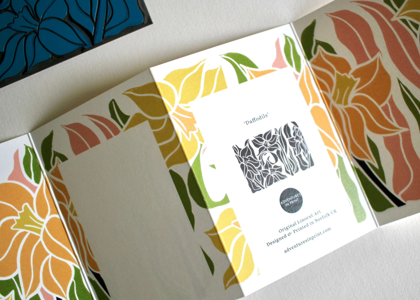 Daffodils Linocut Concertina Card (March birth flower) | Single Card & Envelope