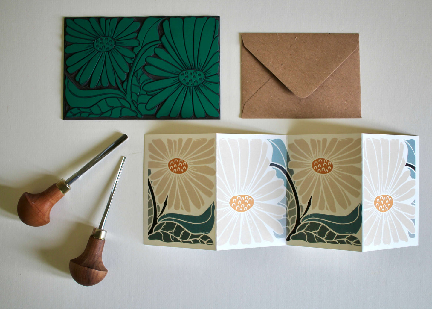 Garden Daisies Linocut Concertina Card (April birth flower) | Single Card & Envelope