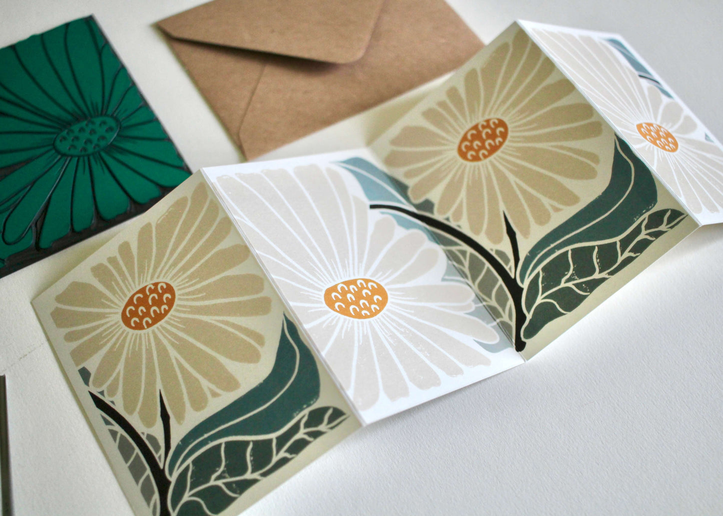 Garden Daisies Linocut Concertina Card (April birth flower) | Single Card & Envelope