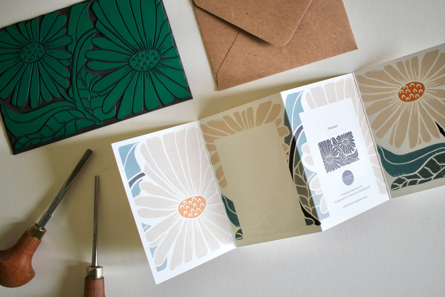 Garden Daisies Linocut Concertina Card (April birth flower) | Single Card & Envelope