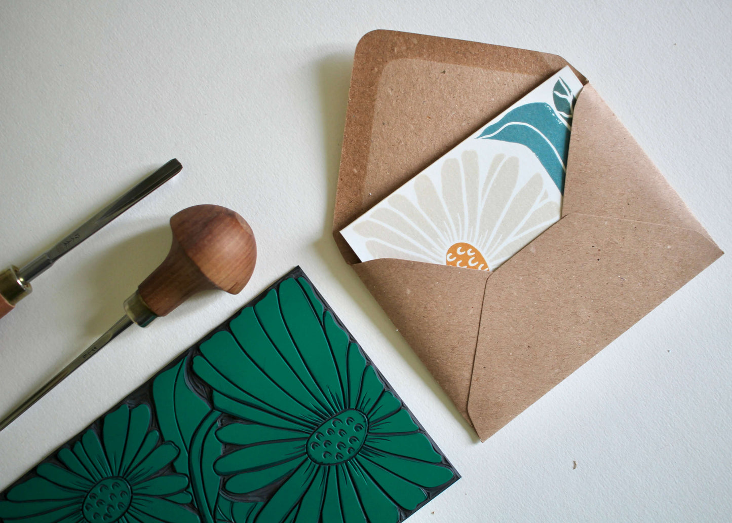 Garden Daisies Linocut Concertina Card (April birth flower) | Single Card & Envelope