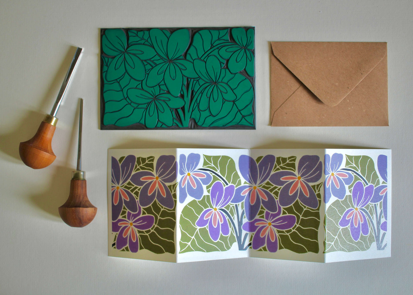 Violets Linocut Concertina Greeting Card - Single card & envelope