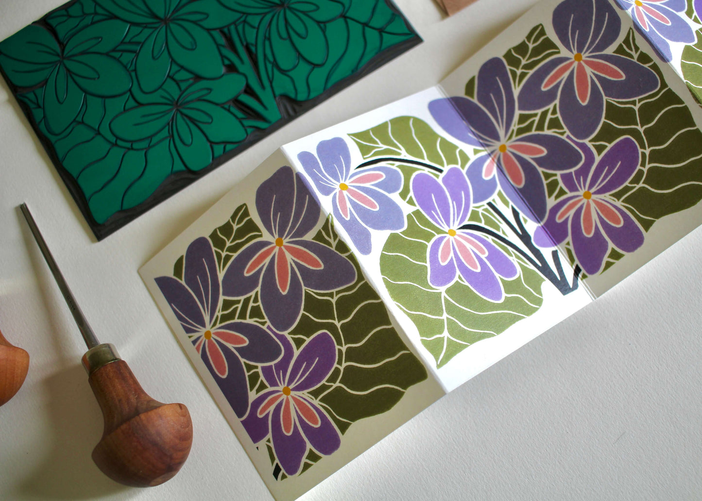 Violets Linocut Concertina Greeting Card - Single card & envelope