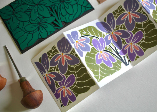 Violets Linocut Concertina Greeting Card