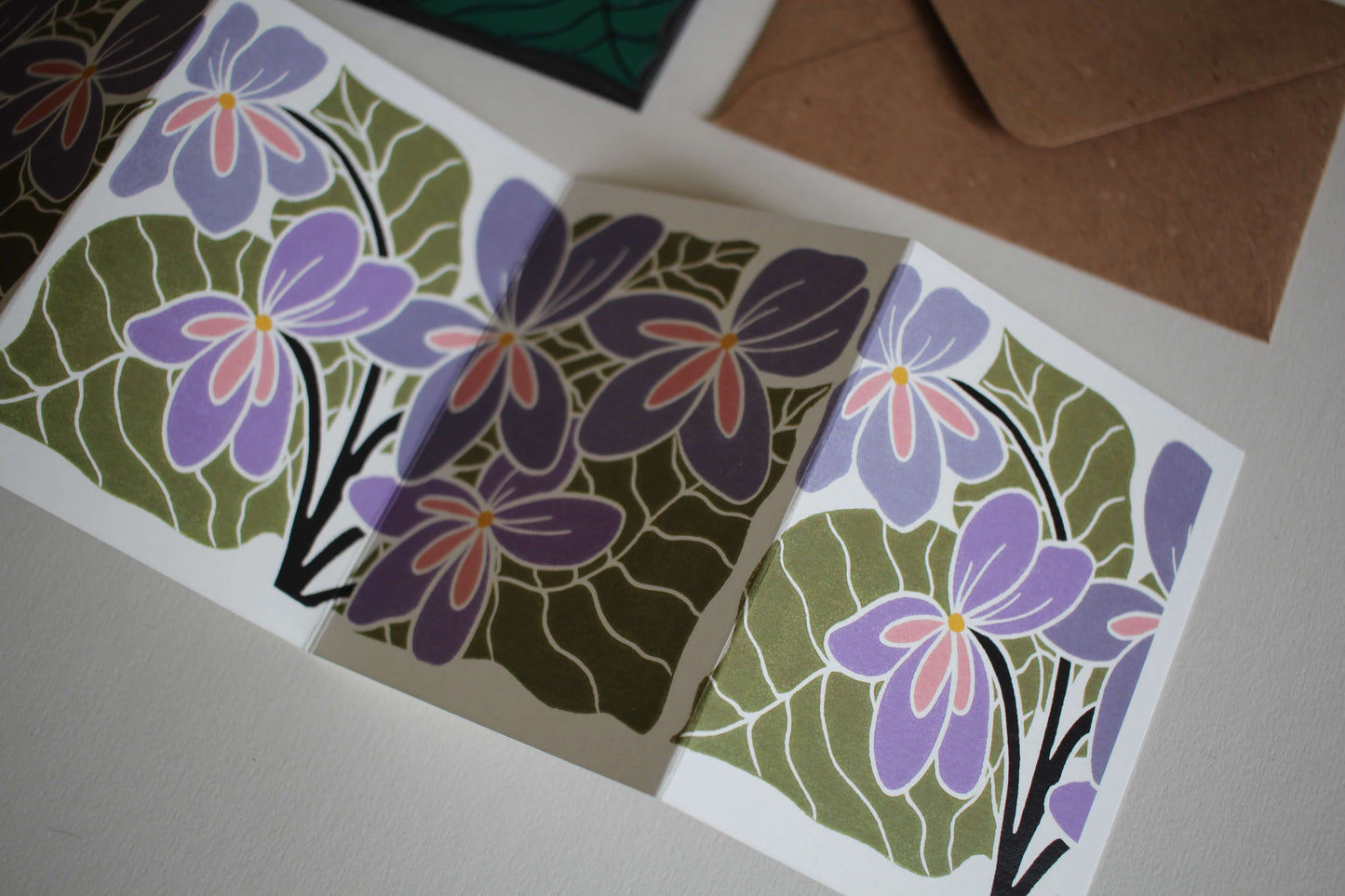 Violets Linocut Concertina Greeting Card - Single card & envelope