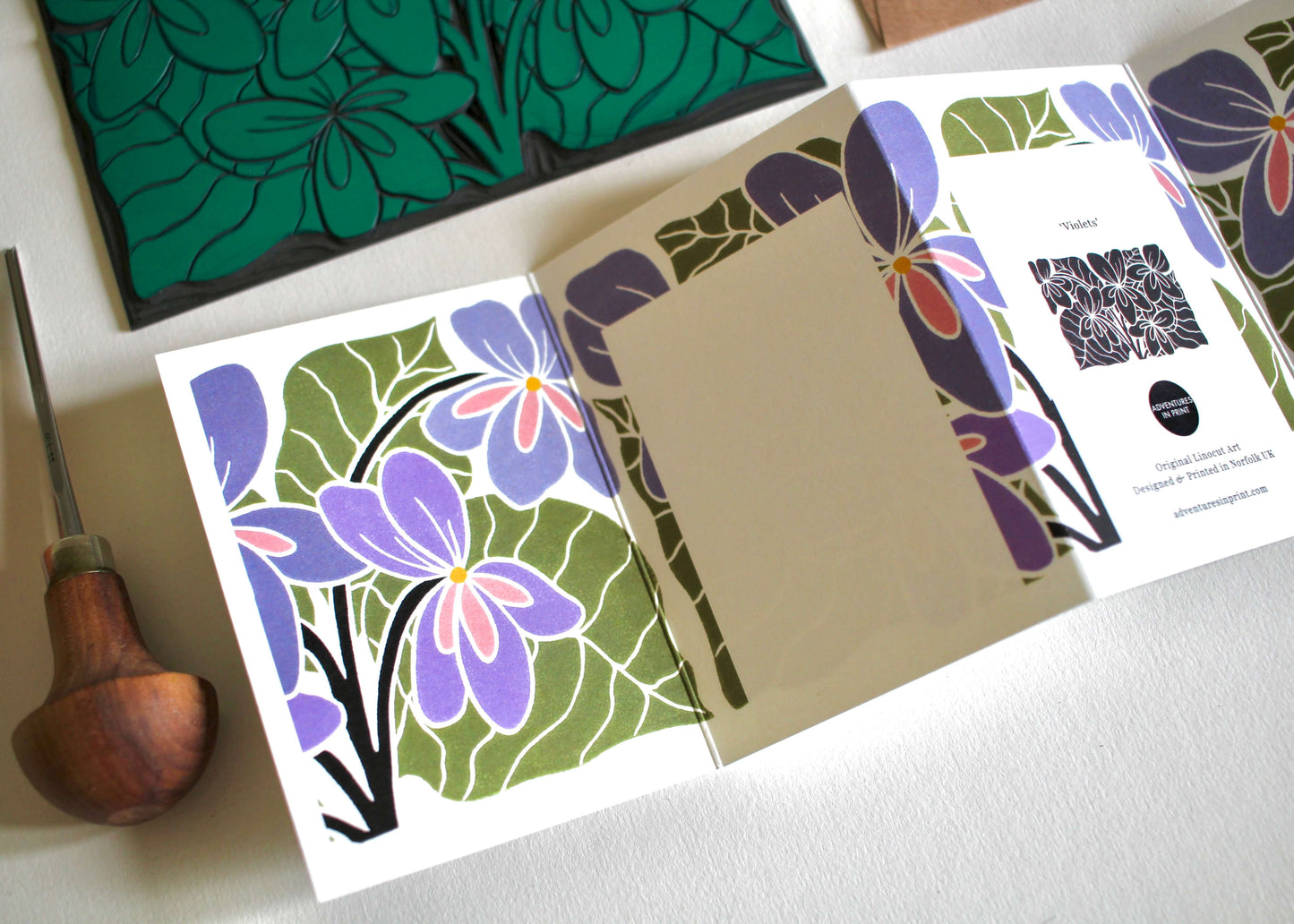 Violets Linocut Concertina Greeting Card - Single card & envelope